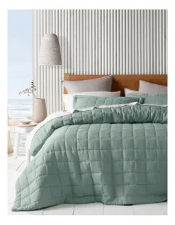 Sandy Cape Washed Belgian Linen Quilted Coverlet Eucalyptus