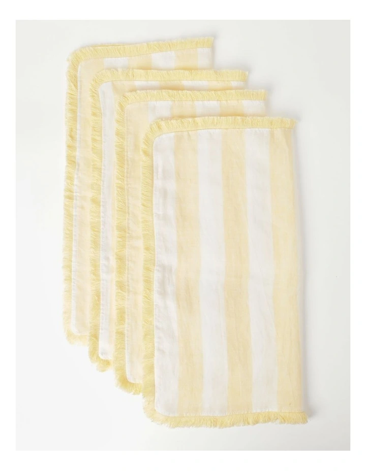 Fringed Linen Napkin Set Of 4 Wide Stripe In Yellow 5 Fringed Linen Napkin Set Of 4 Wide Stripe In Yellow - Image 3
